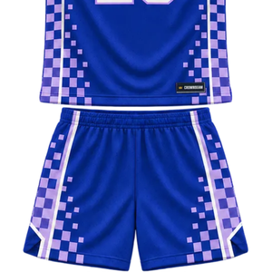Ensemble d'uniformes de basket-ball personnalisés pour hommes, bleu et violet, col en V, maillot sans manches, short, imprimé damier, nom et numéro de l'équipe, kit en gros - Product Image 6