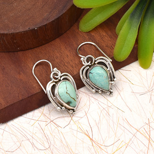 Natural Turquoise Pear Shape Cabochon Dangle Earrings 925 <b>Sterling</b> <b>Silver</b> Handmade Vintage Boho <b>Wire</b> Design Gemstone Jewelry - Product Image 1