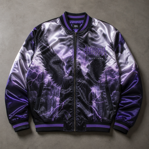 Chaqueta Bomber Gótica para Hombre, Color Morado, Diseño de Alas y Castillo Estampados en Satén, Cierre de Cremallera Frontal, Corte Regular, Estilo Otoñal - Product Image 2