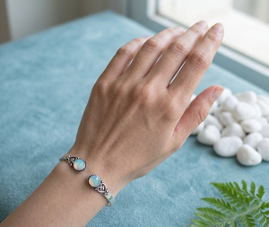 Jewelry Town Designer Opalite Two Stone Bezel Set Adjustable <b>Cuff</b> <b>Bracelet</b> Handmade Brass Gold/<b>Silver</b> Plated Unisex Classic Gift - Product Image 3