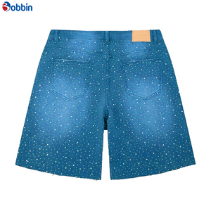 Custom Breathable Knitted Straight Mid Waist Summer Hip Hop Rhinestone Denim Shorts <b>Men</b> Stylish Premium Eco-Friendly Streetwear - Product Image 6