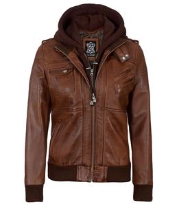 Chaqueta Bomber de Cuero Marrón Vintage para Mujer, con Capucha Desmontable, Chaqueta de Motociclista, Personalizada OEM, Cuero Genuino Teñido Satinado, Impermeable, Venta al Por Mayor - Product Image 1