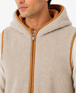 Chaleco con capucha de forro polar Sherpa para hombre, cálido, sin mangas, con cremallera frontal, ropa exterior de invierno, suave, de felpa, color bronceado, con ribete en contraste, informal, liso. - Product Image 4