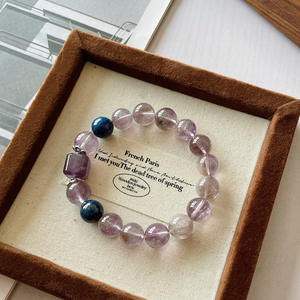 Pulsera de Cuarzo Fantasma Púrpura Natural con Amatista y Cuentas de Ágata Azul, Estilo Romántico - Product Image 3