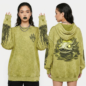 Sudadera Oversize Verde Lima con Lavado Ácido, Gráfico Personalizado de Monstruo Axolotl, Estilo Pullover Desgastado, Cuello Redondo, Ropa Urbana - Product Image 1