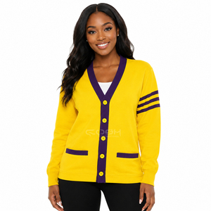 Cosh International Sisterhood Sorority Yellow <strong>Purple</strong> Contrast Color Knitted Long Sleeve V-neck <strong>Cardigan</strong> With Button Closure - Product Image 3