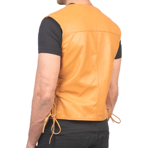 <b>Men</b>’s Orange Leather Biker Vest Front Zipper Classic Motorcycle Sleeveless <b>Jacket</b> Minimalist Style Genuine Leather Riding Vest - Product Image 2