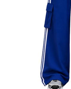 กางเกงคาร์โก้ขายาวสีน้ำเงินโคบอลต์สำหรับผู้หญิง ทรงหลวม เอวสูง มีแถบข้างสีขาว สไตล์ลำลอง สตรีทแวร์ ผลิตตามสั่งจากโรงงาน - Product Image 3