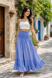 Robe longue d'été pour femme, rayée bleue, taille naturelle élastiquée, smockée, à volants étagés, style décontracté vintage, respirante, écologique, 100% - Product Image 3
