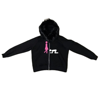 Sweat-shirt à capuche zippé noir pour femme Fasmic International avec col en fausse fourrure et imprimé graphique rose et blanc, style streetwear d'hiver