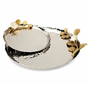 Wholesale Modern Stainless Steel Hammered Serving Tray Platter Set With Gold Floral Accents Decorative Metal Appetizer Dish - Product Image 1