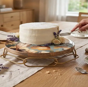 Stunning clear glass dessert riser features a geometric golden metal wire <b>frame</b> for party display available at wholesale prices. - Product Image 3