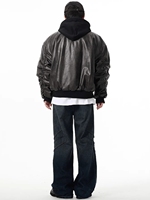 Blouson Bomber en Cuir Noir pour Homme, à Capuche, Fermeture Éclair, Style Streetwear, Coupe Ample, Couleur Unie, Logo sur la Manche Gauche, Idéal pour l'Automne