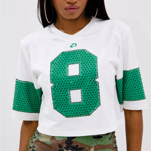 Women’s Rhinestone Number Graphic Crop Jersey Custom Mesh <b>Patchwork</b> Streetwear Oversized Fashion Tee American Football Jersey - Product Image 4