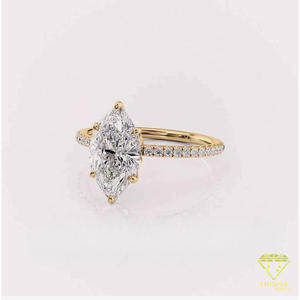 Bague de fiançailles en diamant de laboratoire taille marquise en or jaune avec bande pavée, bague de promesse solitaire pour femme, bijoux de mariage - Product Image 5
