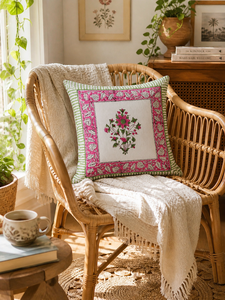 Pink Botanical Hand Block Printed Cushion Cover <b>Square</b> Cotton Decorative <b>Pillow</b> Cover for Sofa Couch and Lounge - Product Image 5