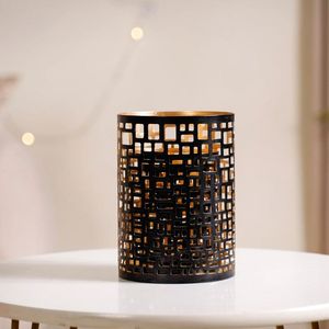 Lanterne cylindrique en métal pour bougie votive, design découpé noir, résistante à la chaleur, pour la décoration de la maison - Product Image 2