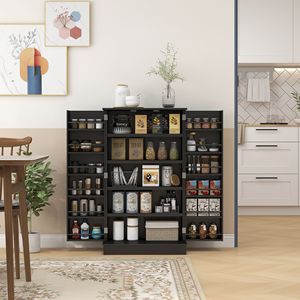 Modern Freestanding <b>Kitchen</b> <b>Pantry</b> Cabinet 12 Door Shelves with 5 Tier Shelving Double Doors Durable MDF Wood Black in Color - Product Image 2