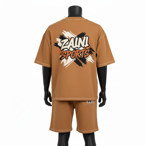 Ensemble t-shirt et short pour homme en jersey de coton de haute qualité, 240 GSM, toucher doux, marron uni, logo imprimé personnalisé - Product Image 2