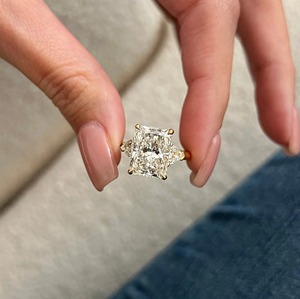 5.5 Carat Elongated Radiant Lab Grown Diamond Three <b>Stone</b> Engagement <b>Ring</b> in 14K Yellow Gold with <b>Two</b> Side Stones - Product Image 5