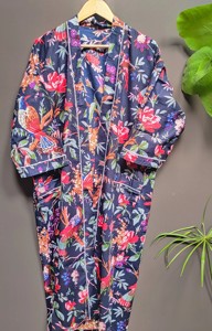 Robe Kimono 100% Coton Imprimé Floral Col V Manches Longues Coupe Ample Tenue d'été Décontractée Peignoir Kimono Femme Robe de Nuit - Product Image 3