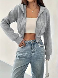 Sweat-shirt court gris pour femme, style streetwear, avec fermeture éclair sur le devant, couleur unie, décontracté, à manches longues, en coton tricoté, idéal pour l'automne – Grande Vente - Product Image 3