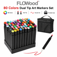 Ensemble de marqueurs artistiques à double pointe FLOWood, 80 couleurs, encre à base d'alcool, encre lisse avec sac de transport noir portable pour l'esquisse et le dessin d'artistes