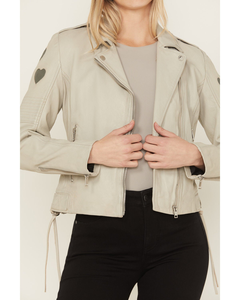 Ivory <b>Leather</b> Biker <b>Jacket</b> Women Grey Heart Patch Back Belted Moto Coat Genuine Lambskin White Cropped Cute Outerwear - Product Image 2
