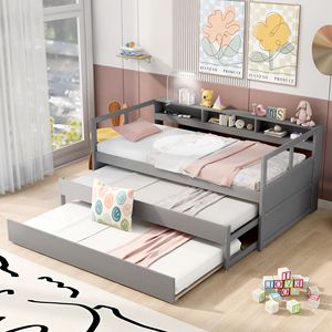 Cama Infantil Gris con Diseño Moderno, Tamaño Twin XL, de Madera, con 2 Camas Nido, 3 Espacios de Almacenamiento, 1 Luz y Carga USB Gratuita - Product Image 3