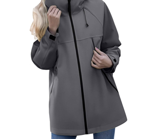 High quality Gray <b>Soft</b> <b>Shell</b> <b>Jacket</b> Long Zip Fly <b>Hooded</b> Waterproof Stand Collar Outdoor Wear Regular Fit Solid Color Polyester - Product Image 1