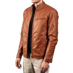 Chaqueta de Cuero Marrón Icónica para Hombre, Prenda Exterior de Piel de Oveja Auténtica con Cierre de Cremallera, Cuello de Banda y Múltiples Bolsillos - Product Image 1
