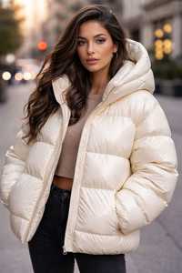 Women's Cream Quilted Puffer Jacket Hooded Full Sleeve Zipper Closure Thick Winter <b>Coat</b> Solid Color Woven Polyester - Product Image 5