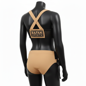 ชุดบิกินี่ผู้หญิงผ้าไนลอนผสมสแปนเด็กซ์ยืดหยุ่นสูง สีแทนดำ แต่งผ้าตาข่ายตัดต่อ พร้อมโลโก้ซิลิโคนแบบกำหนดเอง - Product Image 5