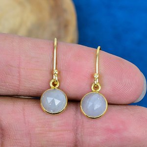 Natural White Sapphire Round Shaped Gemstone Drop Dangle <b>Handmade</b> <b>Earrings</b> 18k Micron Gold Over 925 Sterling Silver - Product Image 2