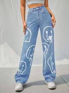 Jean baggy à jambe large pour femme, taille mi-haute, coupe droite, en denim bleu tie-dye, avec dentelle et volants, pantalon de créateur, style streetwear décontracté - Product Image 2