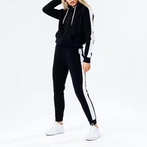 Conjunto Deportivo con Capucha para Mujer, Sudadera Deportiva a Rayas Blancas y Negras de Manga Larga con Bolsillos Laterales y Cierre de Cremallera, Ropa de Otoño - Product Image 1