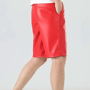 Men's Red PU Coated Bermuda Shorts Mid Waist Button Fly Casual Style Solid Color Woven Fabric - Product Image 2