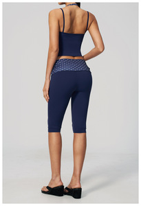 Navy <b>Blue</b> Solid Halter Crop Top High Waist Full Length Yoga Pants 2 Piece Set Breathable Eco-Friendly Durable Spandex Polyester - Product Image 3