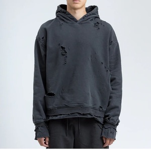 Heavyweight French Terry Drop Shoulder Distressed Hoodies Men's Clothing Acid <b>Wash</b> Vintage Distress Ripped Hooded Breathable - Product Image 1