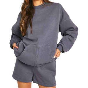 <b>Women's</b> 2 Piece Fleece Sweatshirt <b>Shorts</b> Set Hooded <b>Long</b> Sleeve Solid Color Casual Regular Fit Winter Waterproof Breathable - Product Image 4