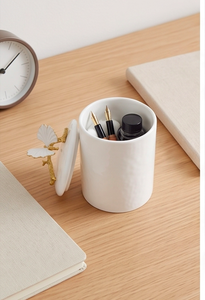 <b>White</b> Ceramic Storage Jar <b>With</b> Gold Butterfly <b>Lid</b> Minimalist Design Handcrafted Round Container For Kitchen Use - Product Image 5