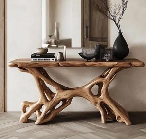 Mesa Consola Ajustable de Madera Maciza Hecha a Mano con Instalación de Montaje en Pared, Decoración de Muebles Rústicos Modernos para Sala de Estar - Product Image 1