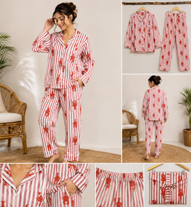 Conjunto de Pijama de Algodón a Rayas con Estampado de Cangrejo Rojo de Lujo para Mujer, Ropa de Dormir de Manga Larga, Ropa de Descanso Transpirable, Pijama de Alta Calidad - Product Image 6
