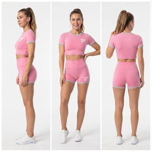 OEM Custom Logo Women Yoga Crop <b>Top</b> Gym Workout Base Layer <b>Shorts</b> Yoga 2 Piece <b>Short</b> Sleeve Crop <b>Top</b> & Contrast Trim <b>Shorts</b> <b>Set</b> - Product Image 5