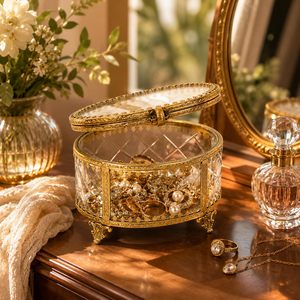 Brass Glass Jewelry Box Antique Gold Finish <b>Vintage</b> Decorative Jewelry Storage <b>Case</b> Handmade <b>Vanity</b> Organizer Gift - Product Image 2