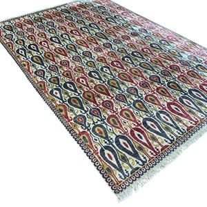 Tapis Ikat de luxe noué à la main, rouge, bleu marine, ivoire, tapis traditionnel en laine et soie, fait main, décoration personnalisée - Product Image 3