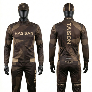 Ensemble de survêtement de cyclisme pour hommes 240 GSM en polyester et élasthanne respirant de qualité supérieure, motif géométrique marron, avec logo personnalisé par sublimation - Product Image 1