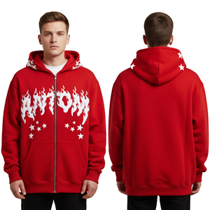เสื้อฮู้ดดี้ผู้ชายสไตล์ Y2K สีแดง ซิปยาวเต็มตัว ลายกราฟิกเปลวไฟ ปักลายอย่างดี ผ้าฟลีซหนานุ่ม ทรงโอเวอร์ไซส์ - Product Image 2
