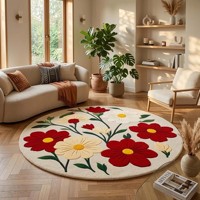 Alfombra Redonda Floral, Alfombra de Lana con Diseño de Flores Rojas y Blancas, Alfombra Circular Botánica para Decoración de Sala de Estar, Dormitorio, Estilo Rústico