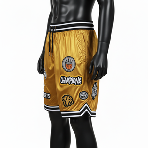 Premium <b>Mens</b> Basketball <b>Shorts</b> 200 GSM Polyester Satin Fabric Gold Sports <b>Shorts</b> Embroidered <b>Patch</b> Logo Basketball <b>men's</b> <b>shorts</b> - Product Image 2